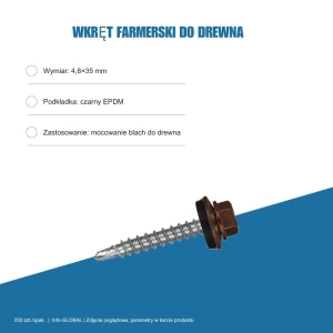 Wkręty farmerskie do blachy 4,8x35 mm do drewna – 250 szt., kolor do wyboru